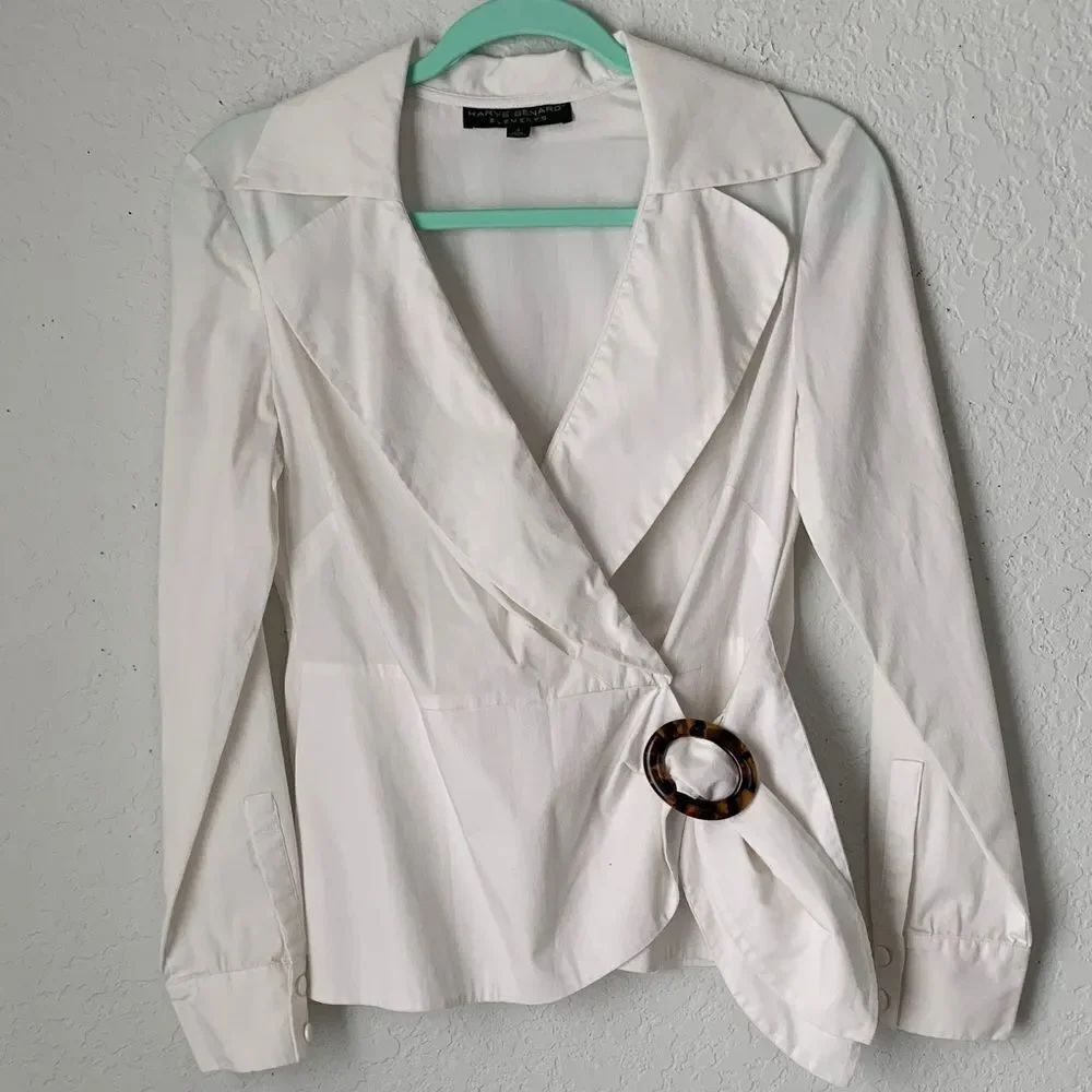 Harve Benard Element White Tortoise Shell Detail Blouse Size 4